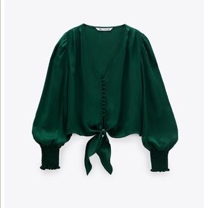 Zara Satin Blouse with Knot Detail, Size XS